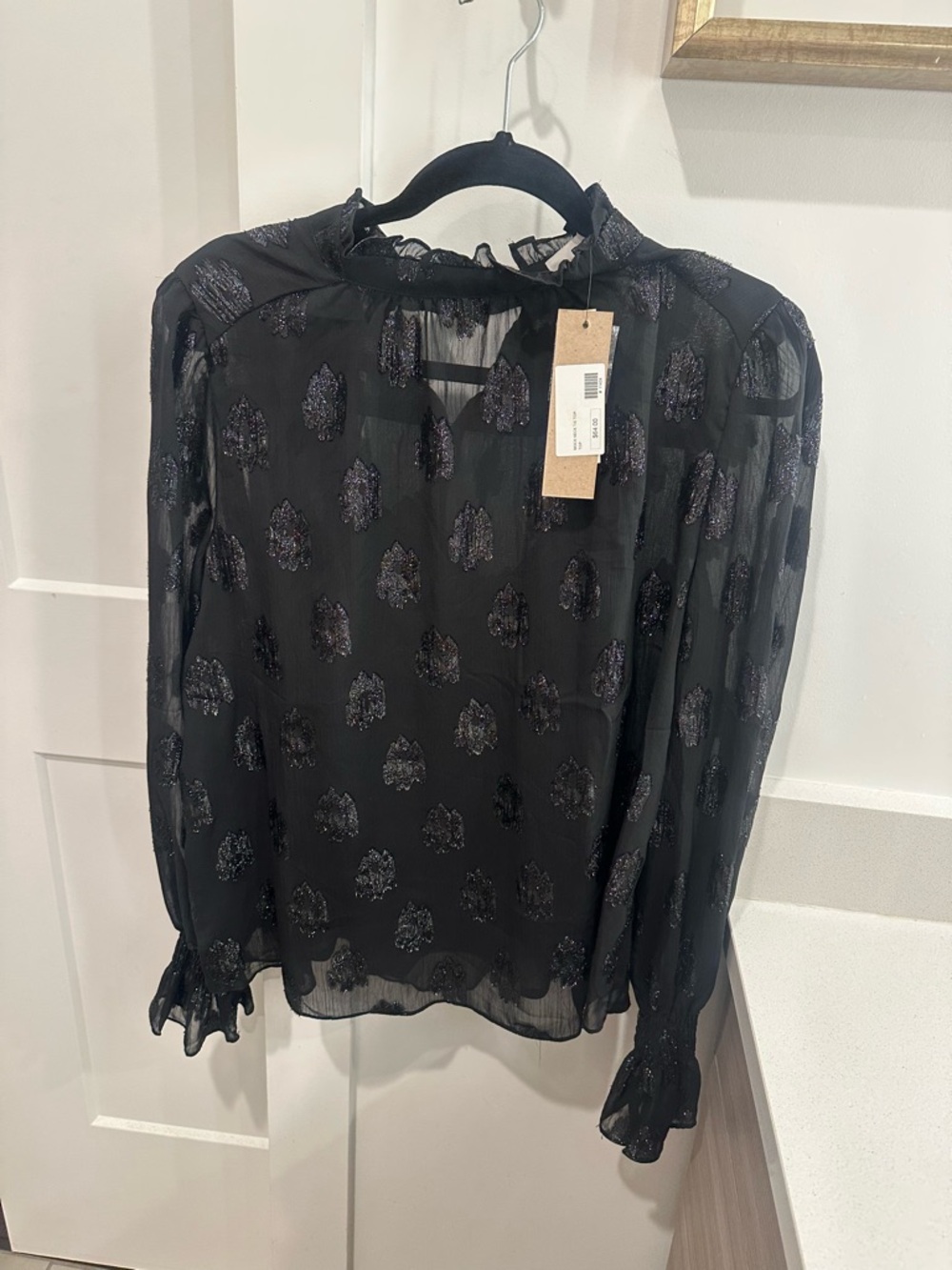 DO+BE Black Sheer Metallic Motif Ruffle-Neck Blouse
